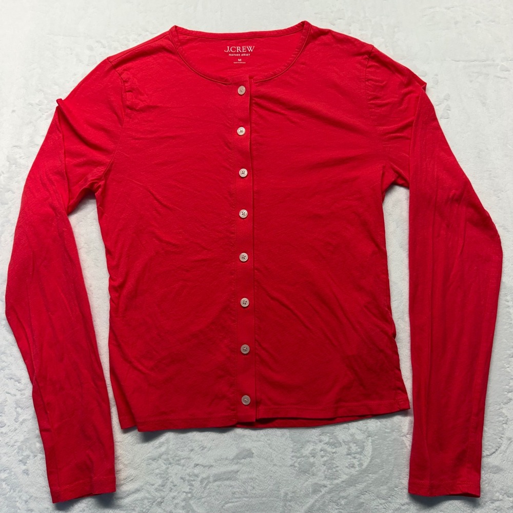 J.Crew Feather Jersey Cardigan M Coral Red Cotton Button Front Long Sleeve Women